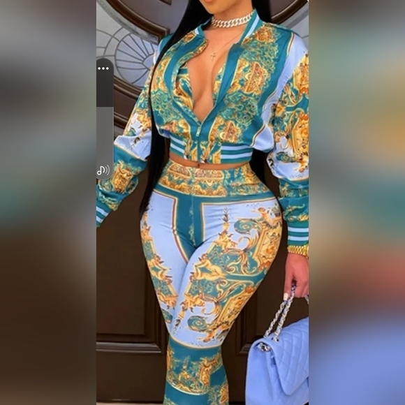 NWT Green Casual Print Long Sleeve Two Pieces Set - Picture 3 of 3